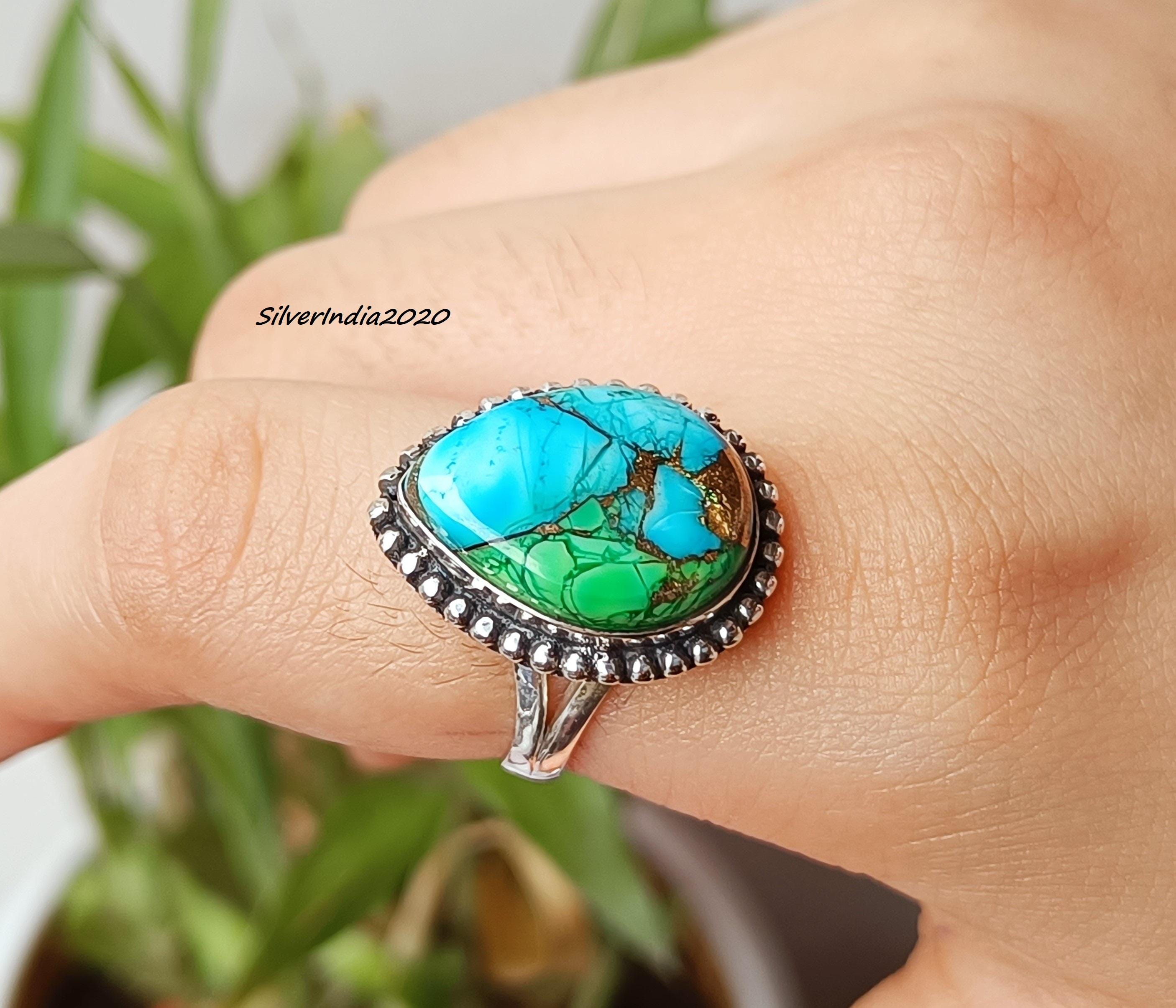 Handmade Turquoise & 925 Silver Ring: Peacock Dahlia Bangle - Etsy