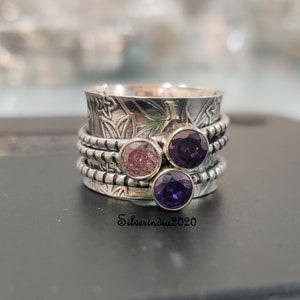 Amethyst Ring, Quartz Ring, Spinner Ring, 925 Sterling Silver, Three Tone Spinner, Gemstone Ring, Anxiety Ring, Women Ring, Gift For Her