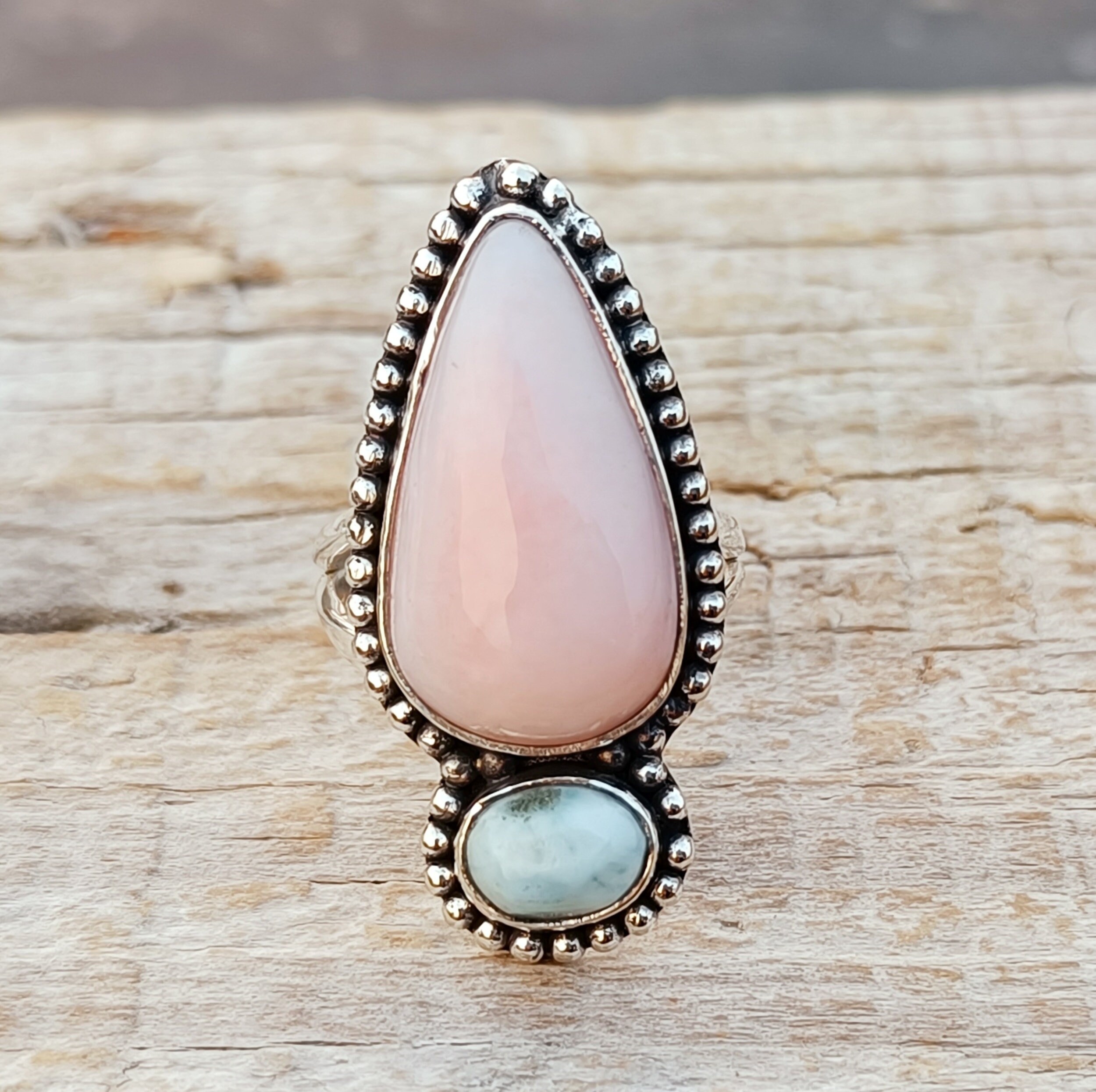 Handmade Sterling Silver Pink Opal & Larimar Gemstone Ring - Etsy 日本