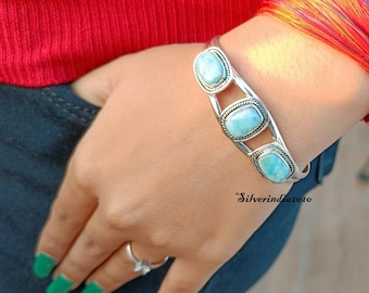 Larimar Bangle-Good looking Three Gemstone Bangle-925 Silver Bangle-Women Bangle-Larimar Handmade Bangle-Adjustable Bangle-Bracelet Jewelry