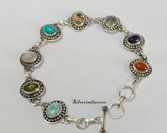 Seven Stone 925 Sterling Silver Bracelet: Labradorite, Amethyst, Turquoise