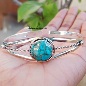 Handmade 925 Silver Bangle: Blue Copper Turquoise Gemstone