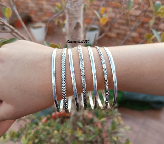 Handmade Sterling Silver Bangle Set: Stackable 925 Silver Bangles