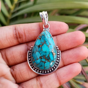 Blue Copper Turquoise Pendant: Handmade 925 Sterling Silver Gemstone