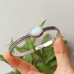 Adjustable Moonstone Cuff Bangle: Handmade 925 Sterling Silver