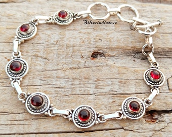 Red Garnet 925 Sterling Silver Bracelet - Adjustable Handmade Jewelry