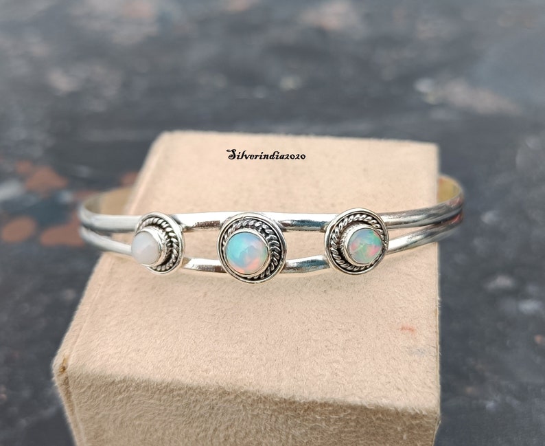 Opal Cuff Bangle, 925 Sterling Silver Bangle, Adjustable Handmade Bangle, Bangle For Christmas, Gemstone Bangle, Women Bangle, Gift For Her image 1