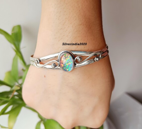 White Opal Sterling Silver Bangle: Handmade Adjustable Cuff