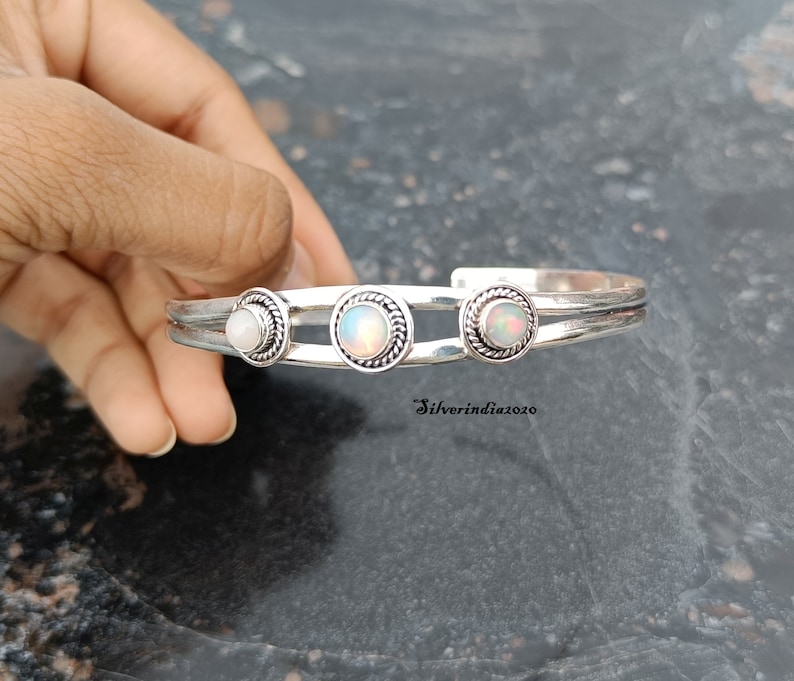 Opal Cuff Bangle, 925 Sterling Silver Bangle, Adjustable Handmade Bangle, Bangle For Christmas, Gemstone Bangle, Women Bangle, Gift For Her image 7