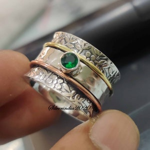 Emerald Spinner Ring: 925 Sterling Silver Gemstone Anxiety Ring
