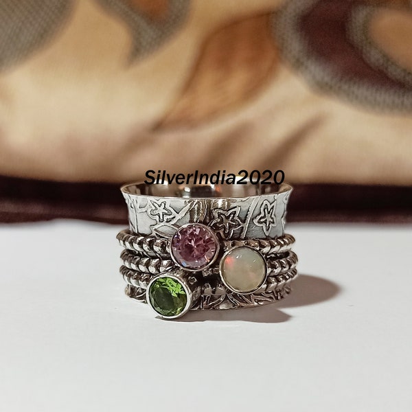 Ethiopian Opal Ring, Peridot Ring, Rose Quartz Ring, Spinner Ring, 925 Sterling Silver, Hammered Wide Ring, Gemstone Ring, Gift For Her