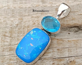 Australian Opal & Blue Topaz Pendant: 925 Sterling Silver, Handmade