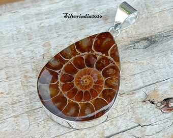 Ammonite Fossil Pendant: Pear Shape Sterling Silver Women's Jewelry