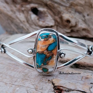 Oyster Copper Turquoise Bangle: 925 Sterling Silver Adjustable Gemstone Bangle
