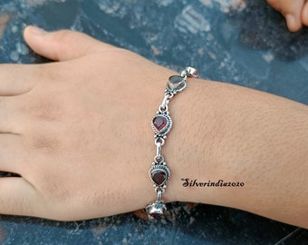 Red Garnet 925 Sterling Silver Bracelet, Handmade Pendant
