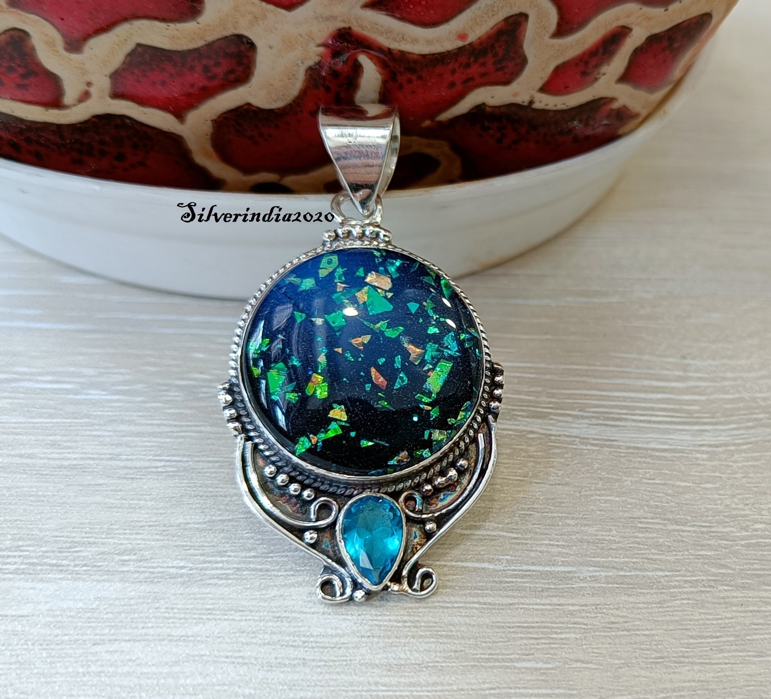 Australian Blue Opal Sterling Silver Pendant: Gemstone & Topaz