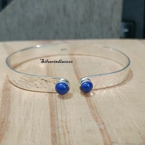 Lapis Lazuli Sterling Silver Bangle: Hammered Adjustable Cuff
