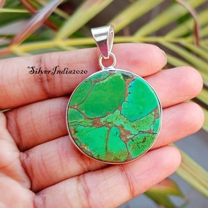 Handmade Green Copper Turquoise Pendant: 925 Sterling Silver Heart