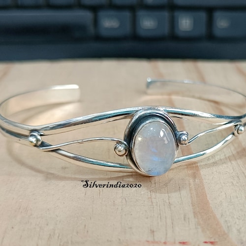 Handmade Moonstone Cuff Bangle: 925 Sterling Silver Gemstone Bangle