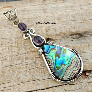 Abalone Pendant With 925 Silver Pendant, Amethyst Silver  Handmade Pendant, Designer Boho Pendant, Women Pendant, Abalone Gift Pendant