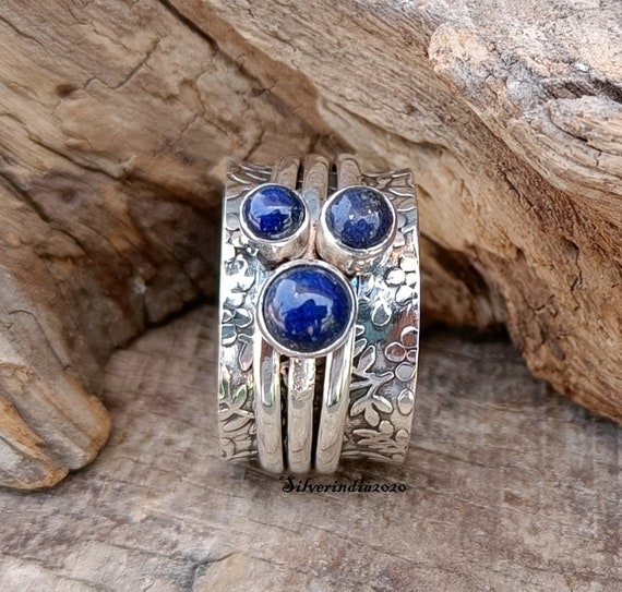 Lapis Lazuli 925 Silver Spinner Ring: Three Stone Worry Ring