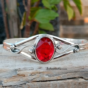 Handmade Red Garnet 925 Silver Bangle: Adjustable Open Cuff