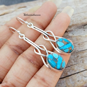 Blue Copper Turquoise Oval Bar Stone Solid 925 Sterling Silver Earring For Women, Handmade Silver Earring For Wedding Anniversary Gift