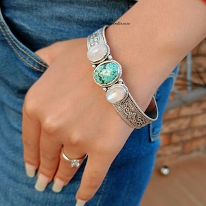 Moonstone & Turquoise Sterling Silver Bangle - Adjustable Handmade Design