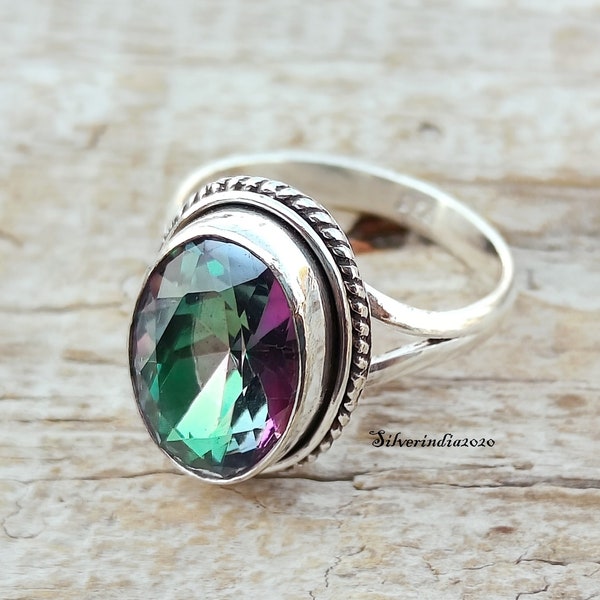 Mystic Topaz Ring, Handmade Silver Ring For Gift, 925 Sterling Silver Ring, Oval Mystic Oxidize Ring, Dainty Promised Ring, Gift For Her