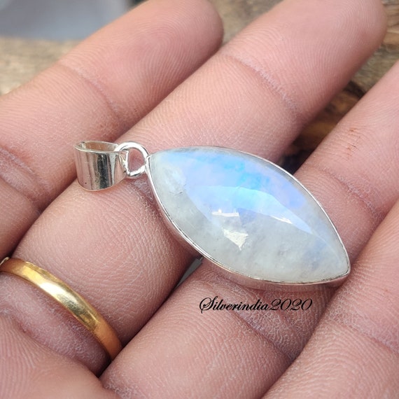 Rainbow Moonstone Pendant Marquise Shape Sterling Silver Rainbow Moonstone Pendant Marquise Shape Sterling Silver