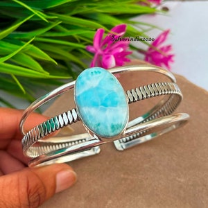 Larimar Bangle, 925 Sterling Silver Bangle, Larimar Gemstone Bangle, Stylish Cuff Bangle, Adjustable Bangle, Gift For Her, Bangle For Women