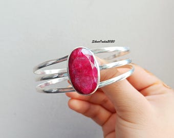 Handmade Sterling Silver Ruby Bangle Bracelet, Boho Women's Jewelry