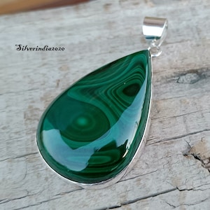 Handmade Pear Shape Malachite Pendant: 925 Sterling Silver Boho Jewelry