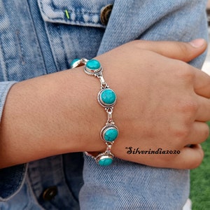 Turquoise Gemstone Bracelet: Handmade 925 Sterling Silver Adjustable Jewelry