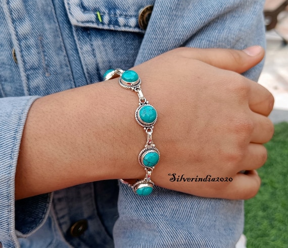 Turquoise Gemstone Bracelet: Handmade 925 Sterling Silver