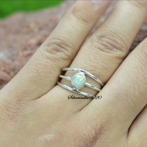 Sterling Silver 925 Fire Opal Band Ring – Lab-Created Blue Opal, Sizes N P R T V