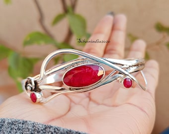 Handmade Ruby Bangle: Adjustable 925 Sterling Silver Gemstone Jewelry