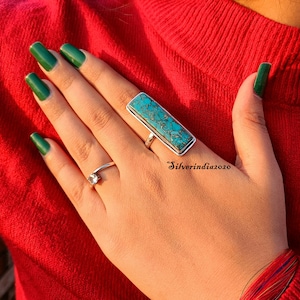 Copper Turquoise 925 Sterling Silver Ring, Ring For Women, Handmade Long Gemstone Rectangle Bar Ring Gift For Her, Wedding Anniversary Gift