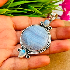 Blue Lace Agate Pendant, 925 Silver Pendant, Moonstone Handmade Pendant, Blue Lace Pendant Necklace Jewelry, Women Pendant, Anniversary Gift