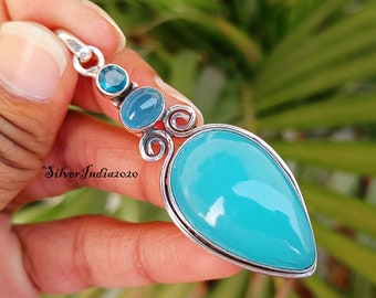 Aqua Chalcedony 925 Sterling Silver Handmade Pendant
