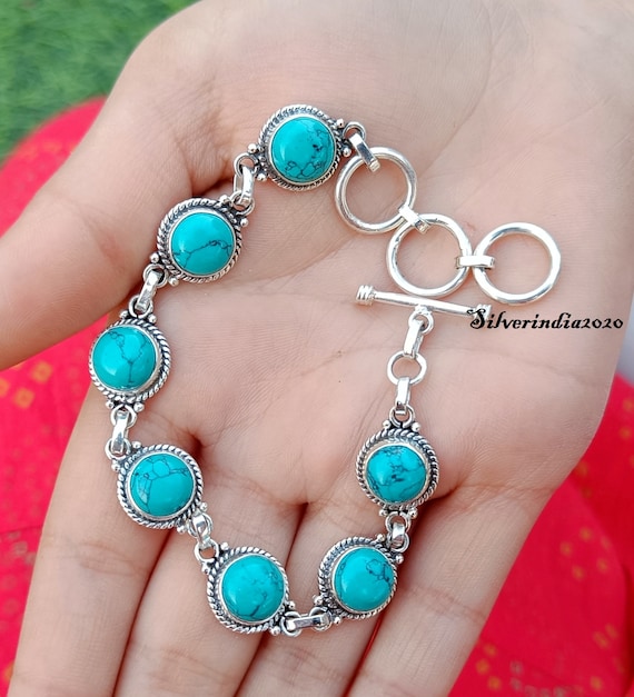 Turquoise Gemstone Bracelet: Handmade 925 Sterling Silver