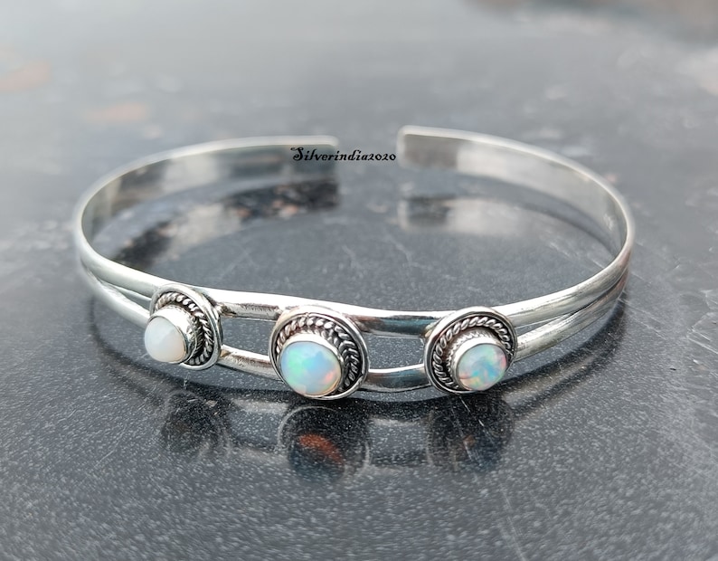 Opal Cuff Bangle, 925 Sterling Silver Bangle, Adjustable Handmade Bangle, Bangle For Christmas, Gemstone Bangle, Women Bangle, Gift For Her image 4