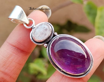 Handmade Amethyst & Moonstone Pendant: 925 Sterling Silver Necklace