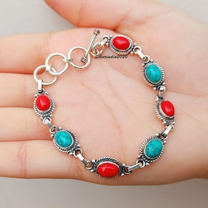 Turquoise & Coral Sterling Silver Charm Bracelet: Handmade Gemstone Jewelry