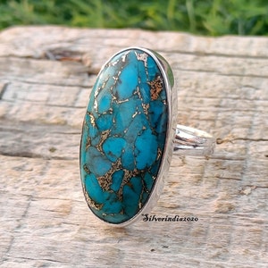 Blue Copper Turquoise Ring-925 Sterling Silver Ring-Wedding Ring-Gift For Women-Split Band Ring-Promised Ring-Silver Jewelry-Gift For Her