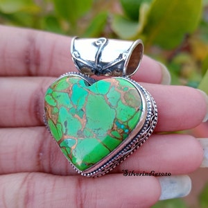 Green Copper Turquoise Pendant, Sterling Silver Handmade Pendant, Heart Shape Gemstone Pendant Jewelry, Beautiful Women Jewelry Pendant Gift