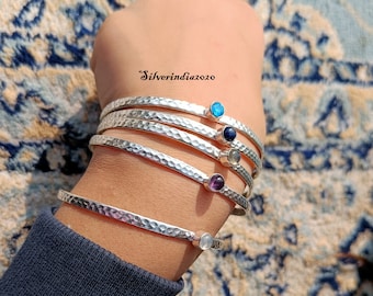Multi Gemstone Sterling Silver Bangle Set: Hammered Stacking Bangles