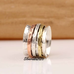 Spinner Ring, 925 Sterling Silver Ring, Anxiety Ring, Meditation Ring, Fidget Ring, Three Tone Spinner, Women Ring, Gift For Her