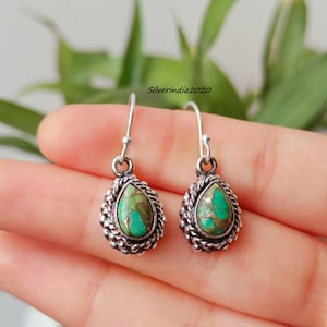 Green Copper Turquoise Dangle Earrings: Handmade Sterling Silver Jewelry