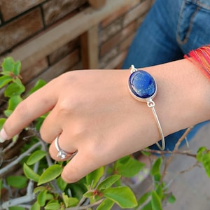 Handmade Lapis Lazuli Sterling Silver Bangle - Adjustable Gemstone Bracelet